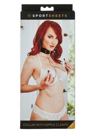 SPORTSHEETS COLLAR WITH NIPPLE CLAMPS - BLACK/SILVER